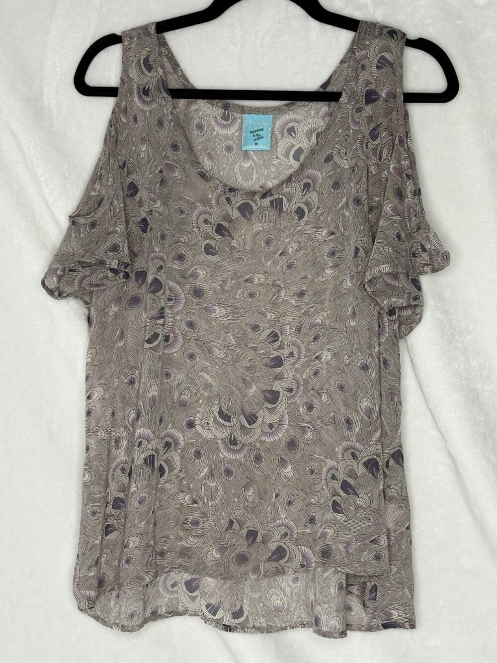 h.i.p. Peacock Print Blouse with Cold Shoulder Sleeves - Size M
